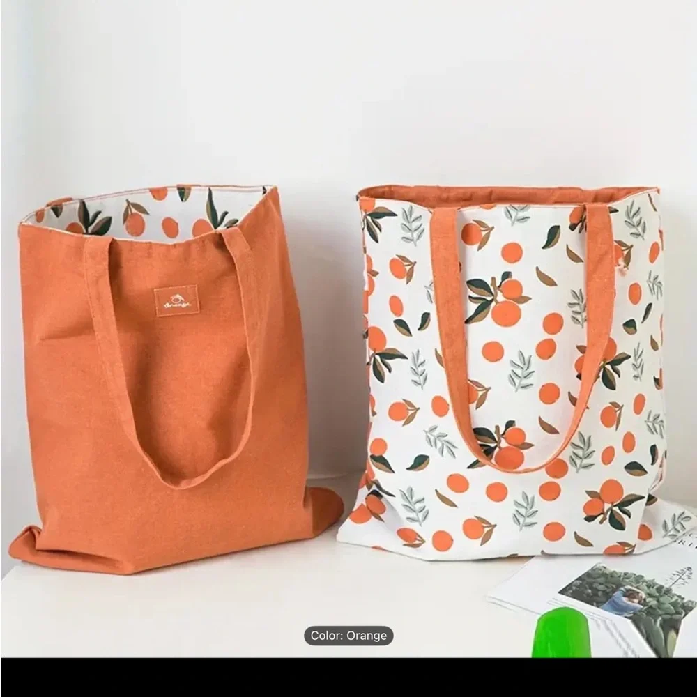New, Orange Print Tote Bag, reversible design.